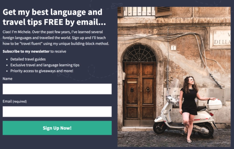 travel blogger Michele Frolla leads with headline “Get my best language tips,” on her landing page